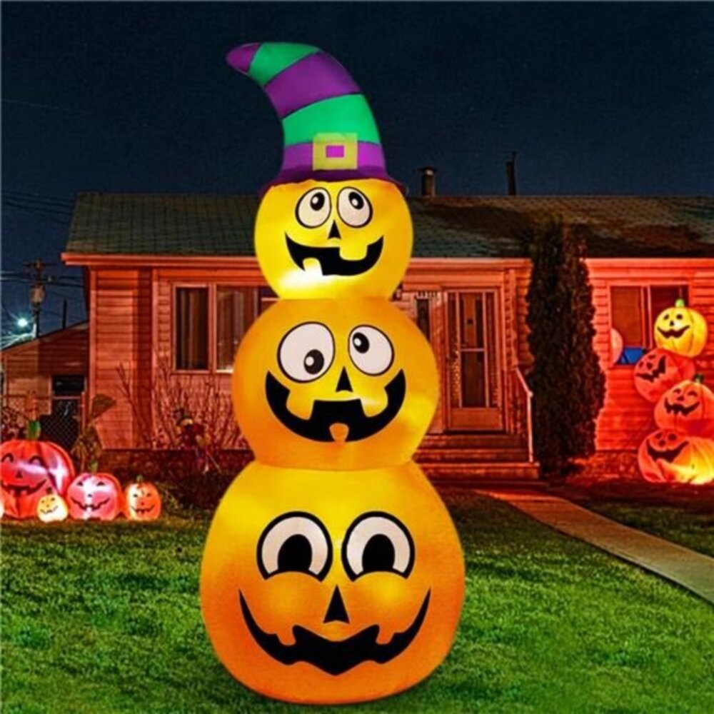 5 FT Halloween Inflatable Stacked Pumpkins w/ Witch Hat - LED Lighted Yard Decor